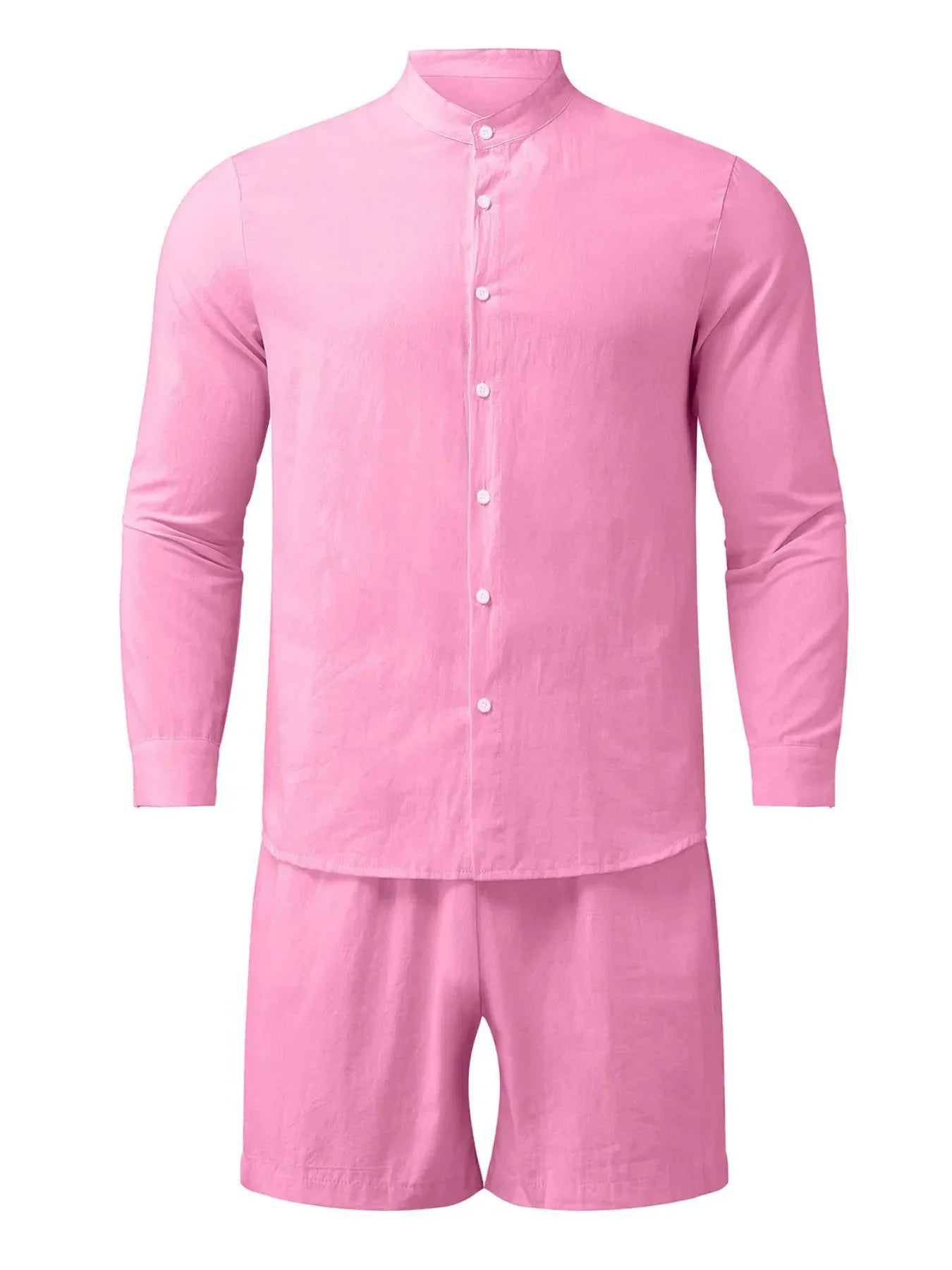 Men's Full Size Button Up Long Sleeve Shirt and Shorts Set Plus Size Pink / S