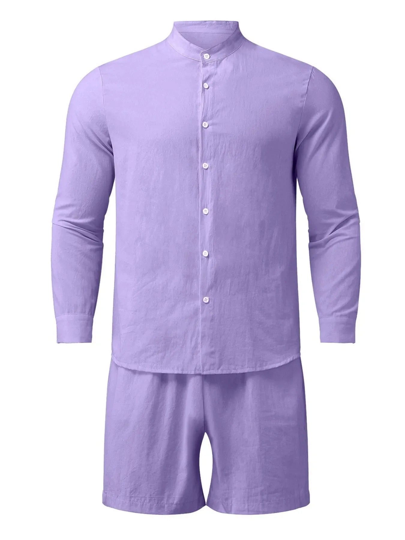 Men's Full Size Button Up Long Sleeve Shirt and Shorts Set Plus Size Purple / S