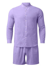 Men's Full Size Button Up Long Sleeve Shirt and Shorts Set Plus Size Purple / S
