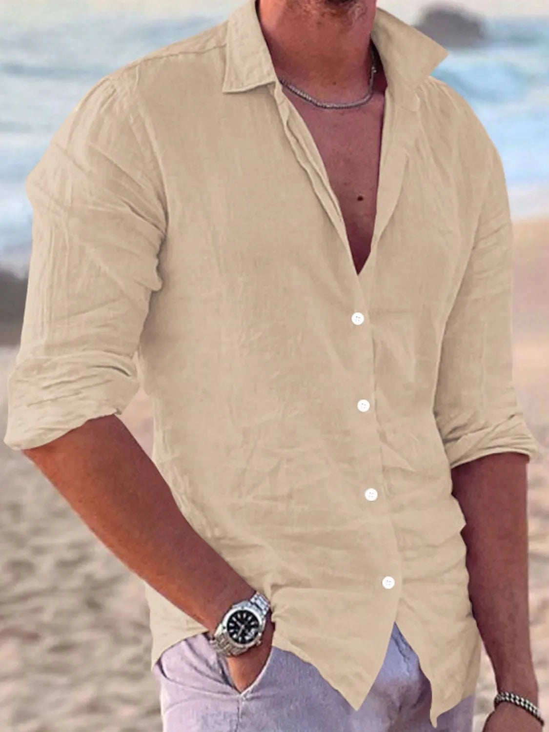 Men's Full Size Button Up Long Sleeve Shirt Plus Size Khaki / S