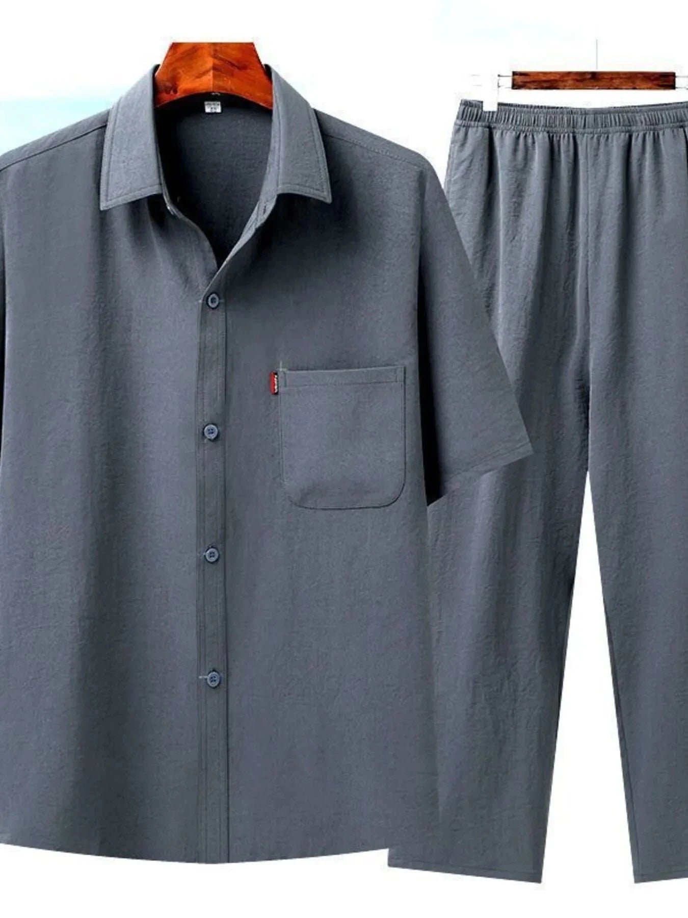 Men's Full Size Button Up Short Sleeve Shirt and Pants Set Plus Size Dark Gray / S