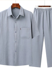 Men's Full Size Button Up Short Sleeve Shirt and Pants Set Plus Size Gray / S