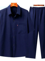 Men's Full Size Button Up Short Sleeve Shirt and Pants Set Plus Size Navy / S