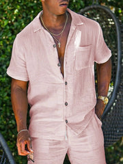 Men's Full Size Button Up Short Sleeve Shirt and Shorts Plus Size Pink Suit / XS