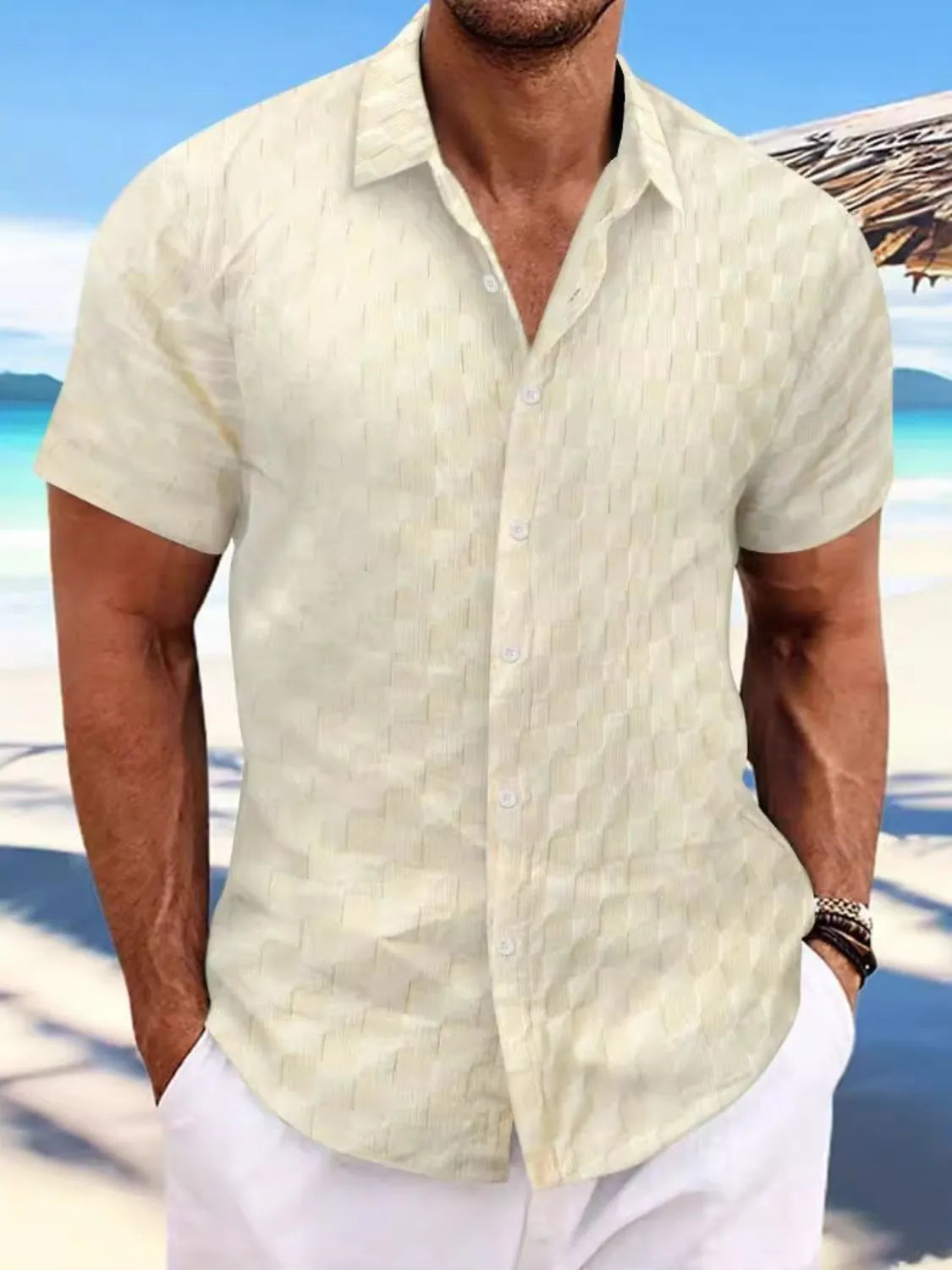 Men's Full Size Button Up Short Sleeve Shirt Plus Size Beige / XL