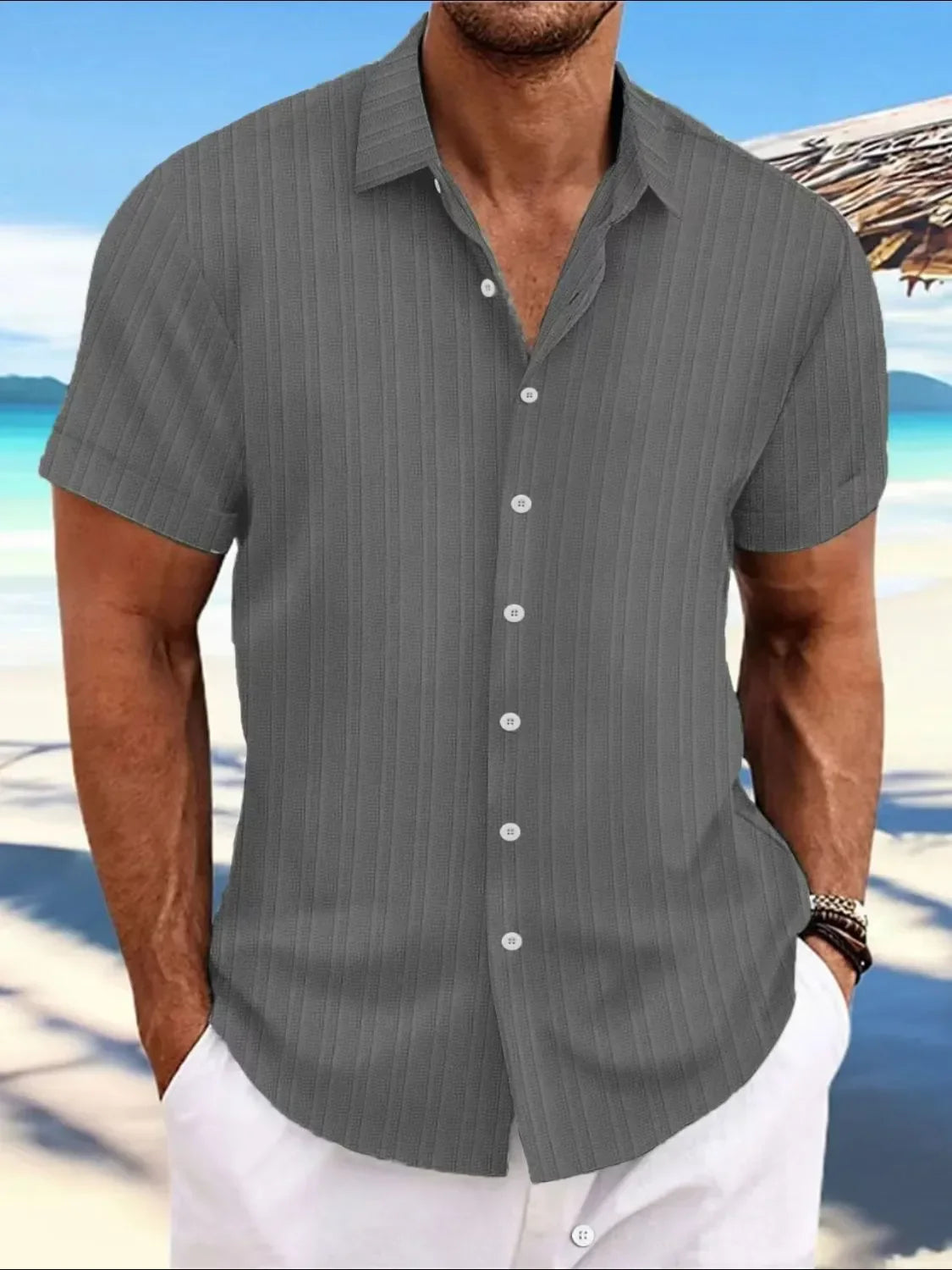 Men's Full Size Button Up Short Sleeve Shirt Plus Size Dark Gray / S