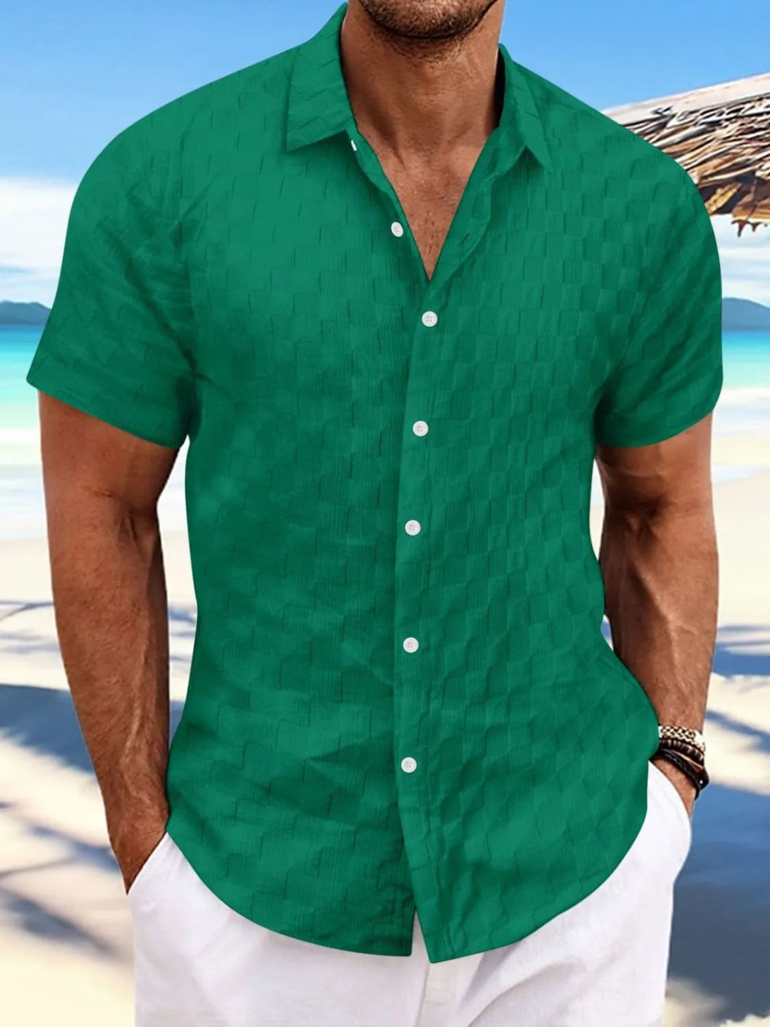 Men's Full Size Button Up Short Sleeve Shirt Plus Size Dark Green / XL
