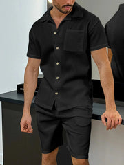 Men's Full Size Button Up Top and Shorts Set Plus Size Black / S