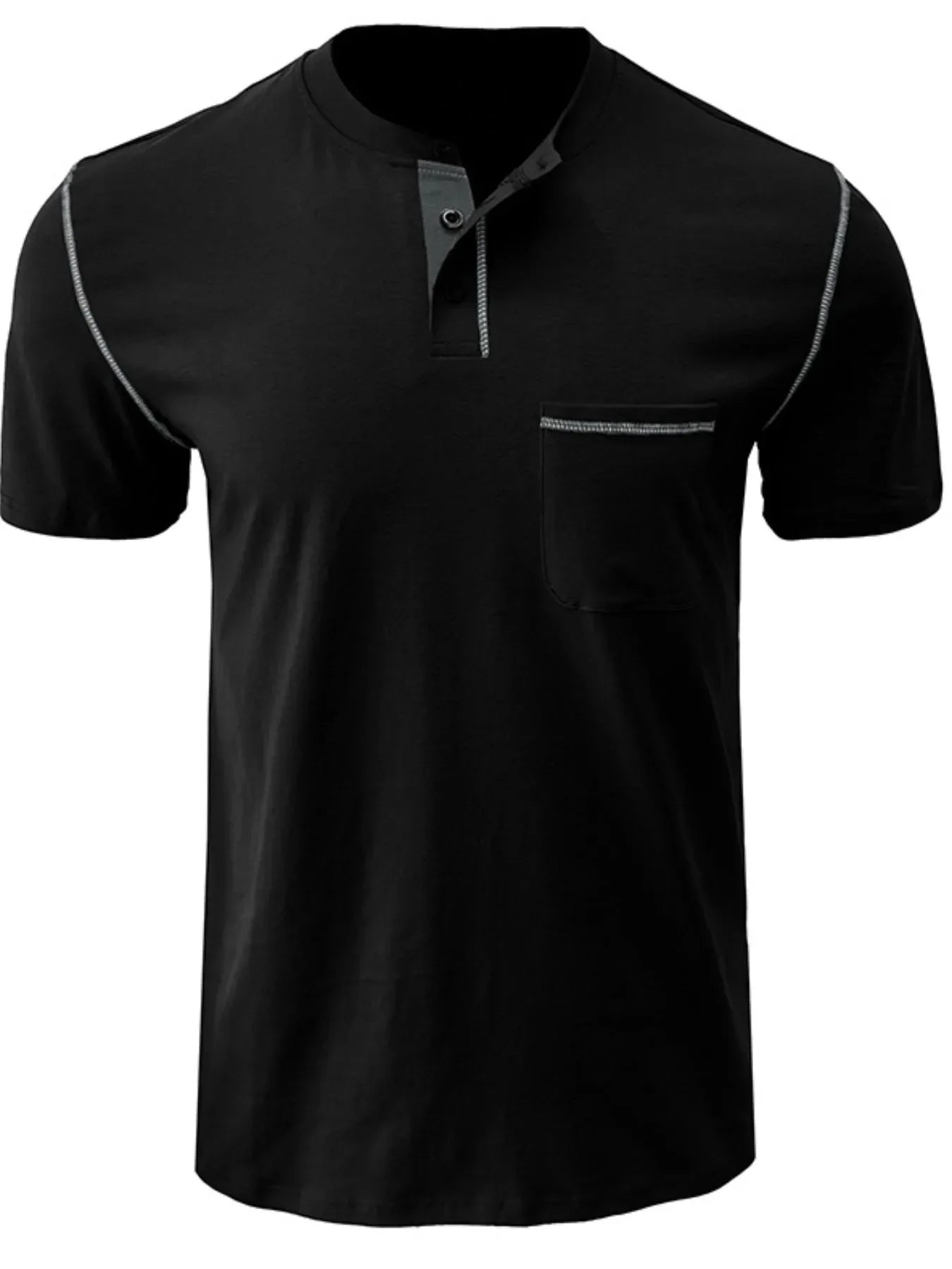 Men's Full Size Casual Henley T-Shirt with Contrast Stitching and Pocket Plus Size Black / S