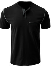 Men's Full Size Casual Henley T-Shirt with Contrast Stitching and Pocket Plus Size Black / S