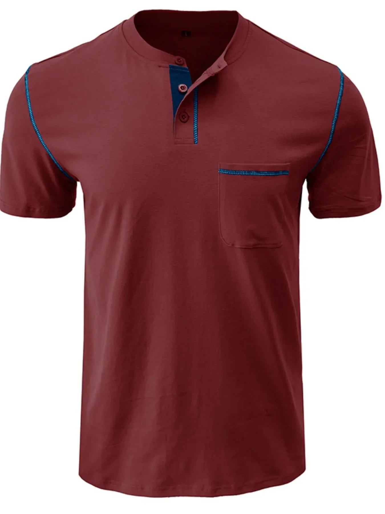 Men's Full Size Casual Henley T-Shirt with Contrast Stitching and Pocket Plus Size Burgundy / S