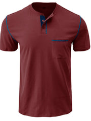 Men's Full Size Casual Henley T-Shirt with Contrast Stitching and Pocket Plus Size Burgundy / S