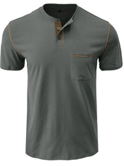 Men's Full Size Casual Henley T-Shirt with Contrast Stitching and Pocket Plus Size Dark Gray / S