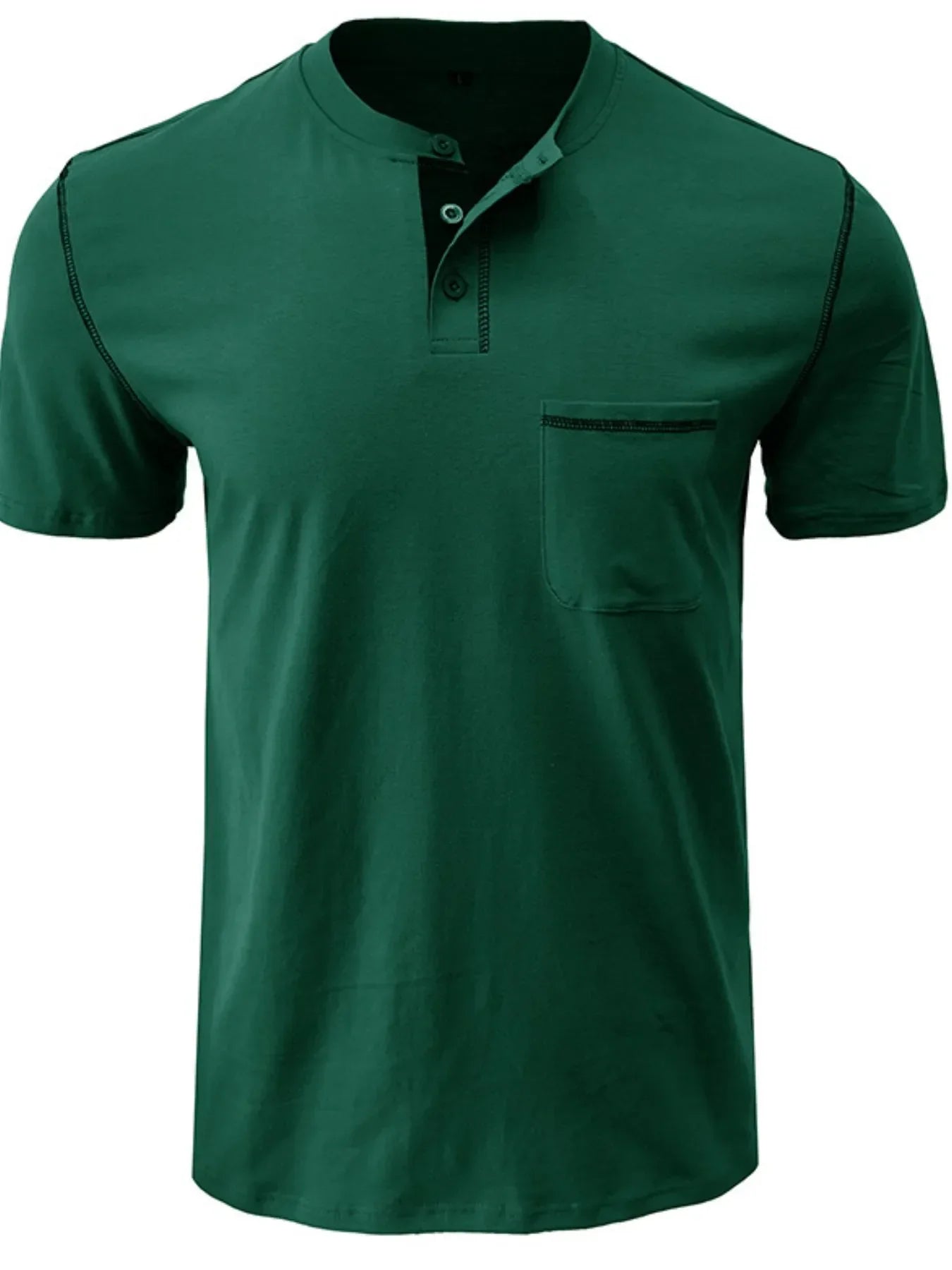 Men's Full Size Casual Henley T-Shirt with Contrast Stitching and Pocket Plus Size Dark Green / S