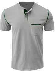 Men's Full Size Casual Henley T-Shirt with Contrast Stitching and Pocket Plus Size Gray / S