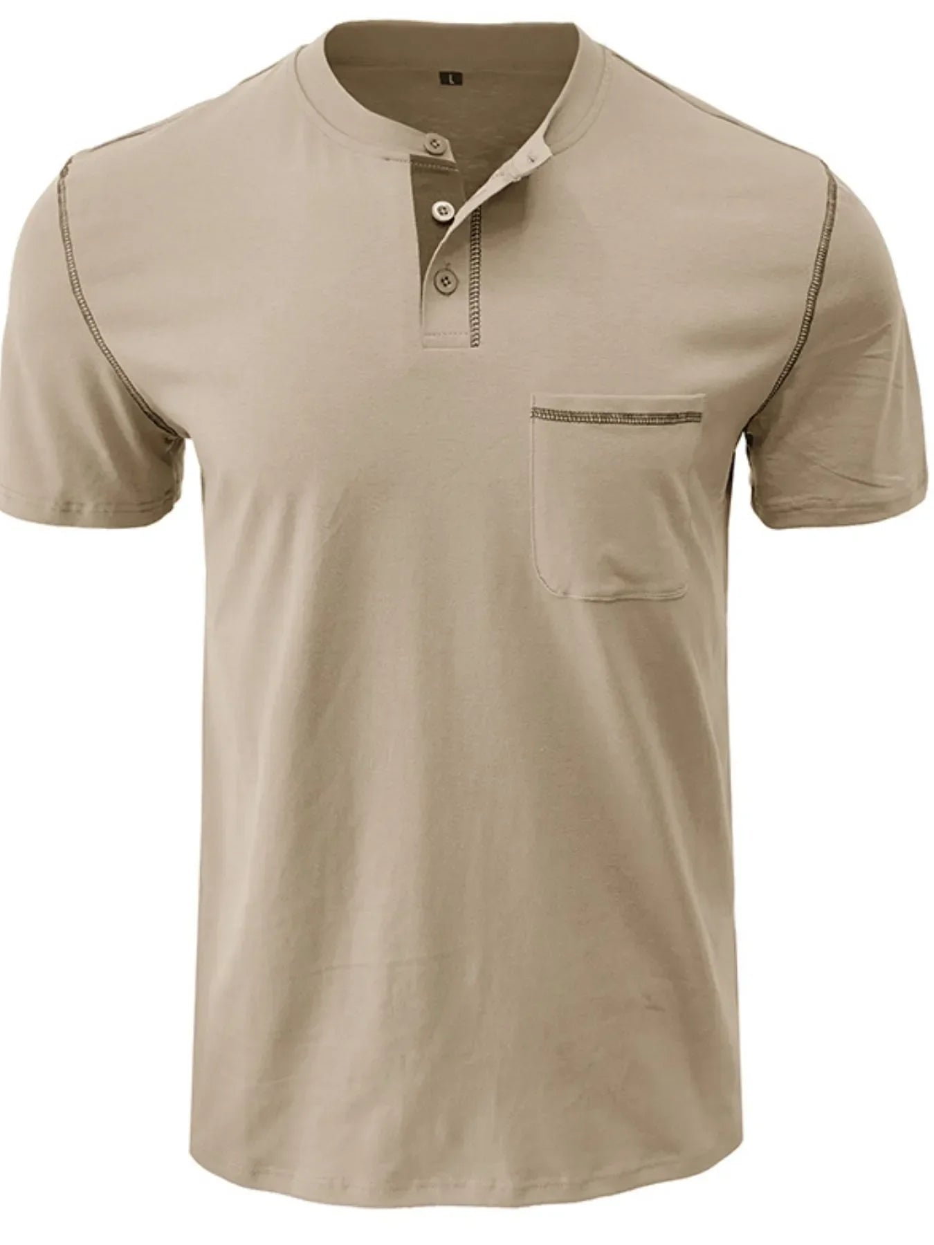 Men's Full Size Casual Henley T-Shirt with Contrast Stitching and Pocket Plus Size Khaki / S