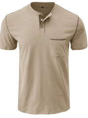 Men's Full Size Casual Henley T-Shirt with Contrast Stitching and Pocket Plus Size Khaki / S