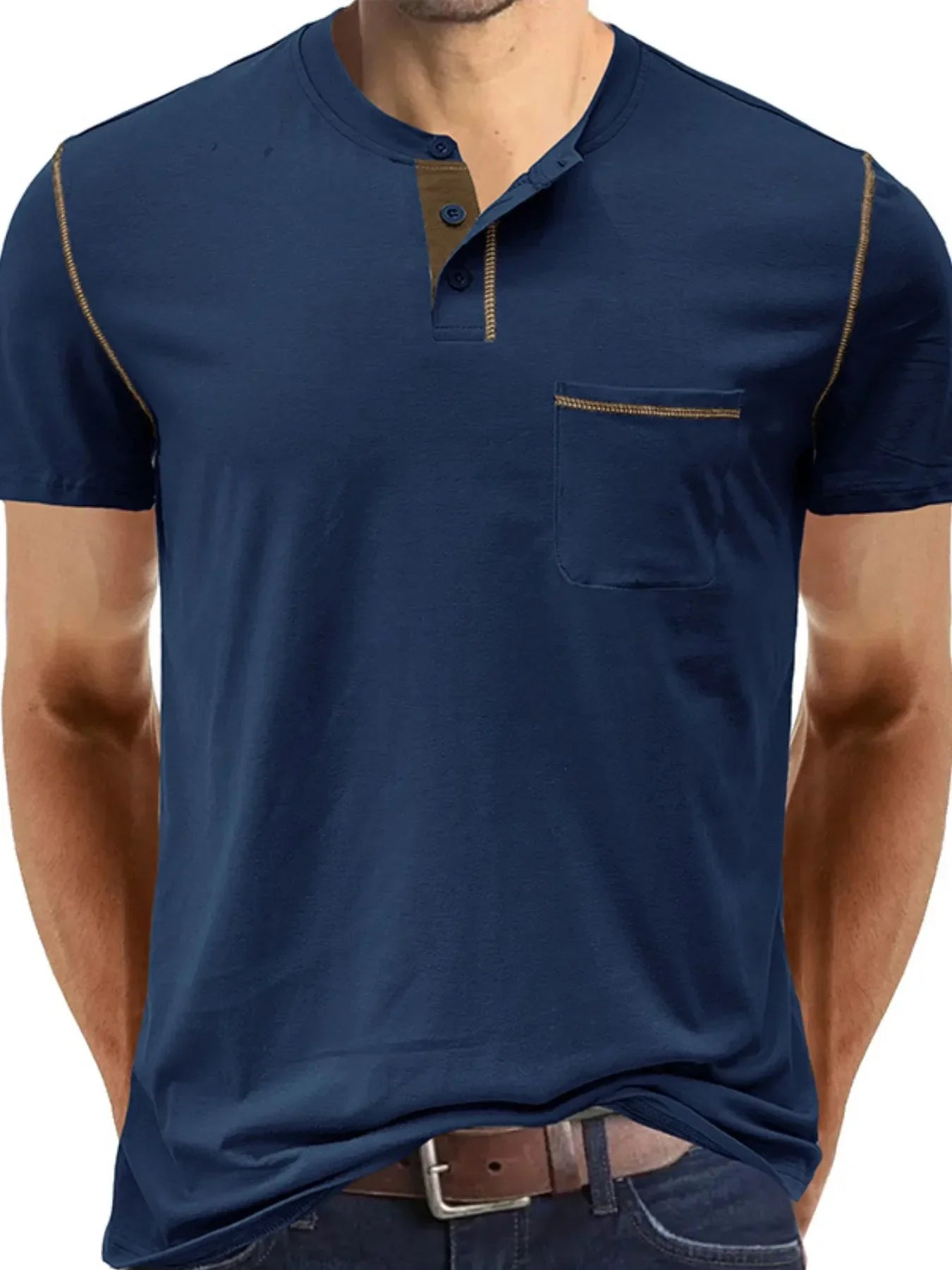 Men's Full Size Casual Henley T-Shirt with Contrast Stitching and Pocket Plus Size Navy / S