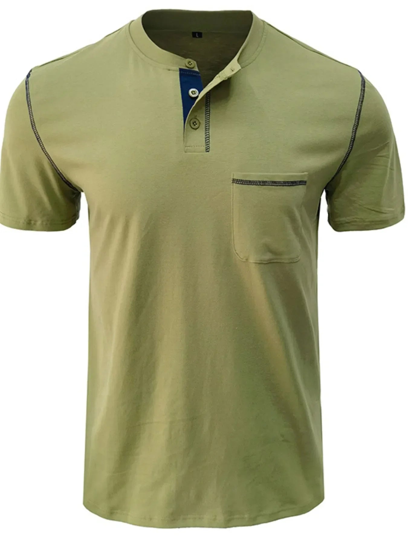Men's Full Size Casual Henley T-Shirt with Contrast Stitching and Pocket Plus Size Sage / S