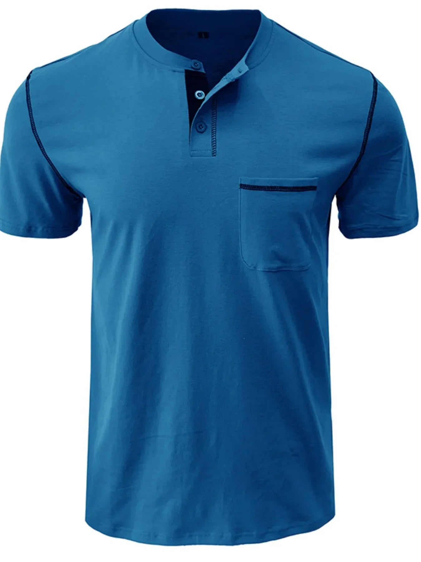 Men's Full Size Casual Henley T-Shirt with Contrast Stitching and Pocket Plus Size Sky Blue / S
