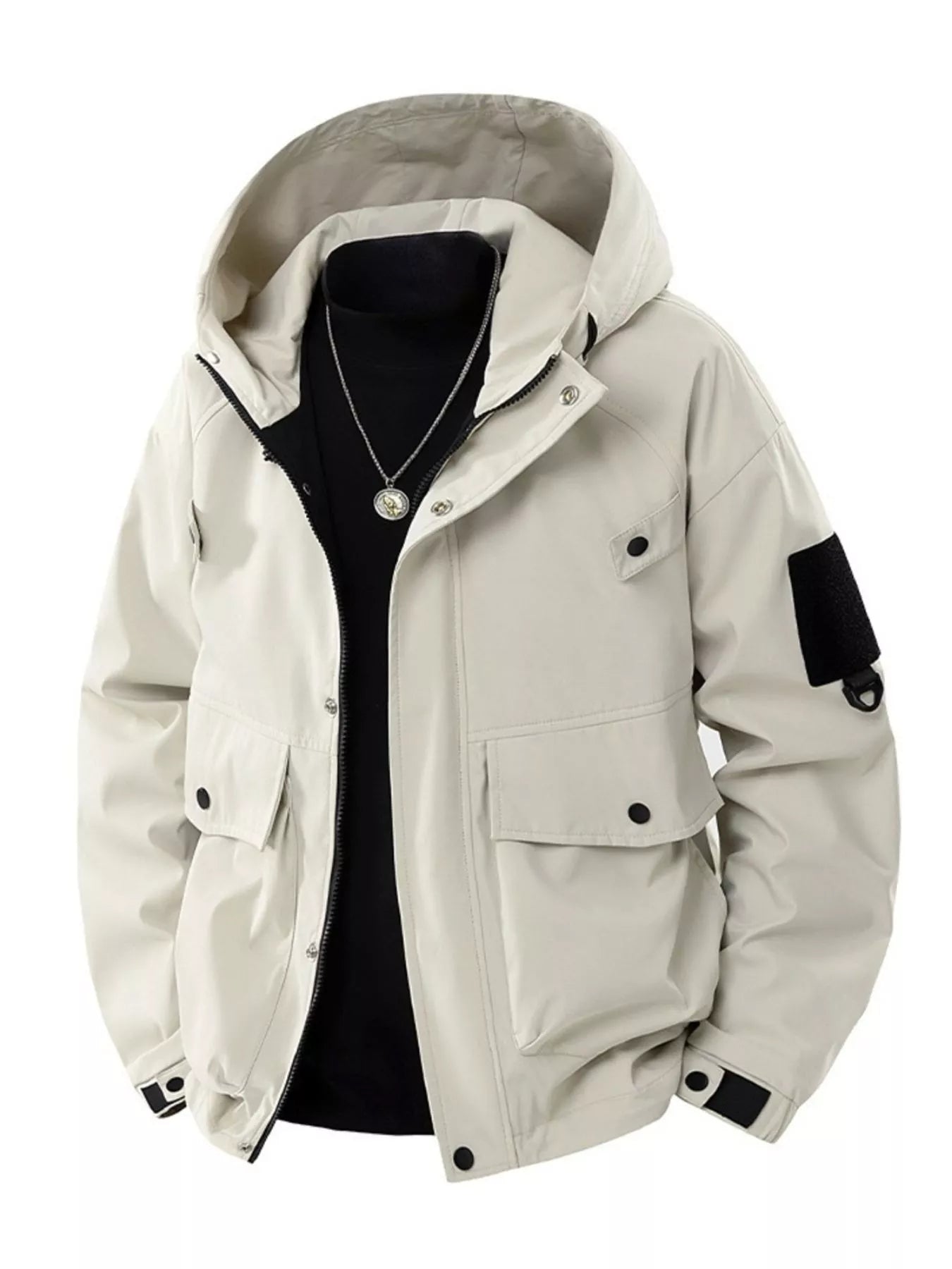 Men's Full Size Casual Hooded Cargo Jacket Plus Size Beige / S