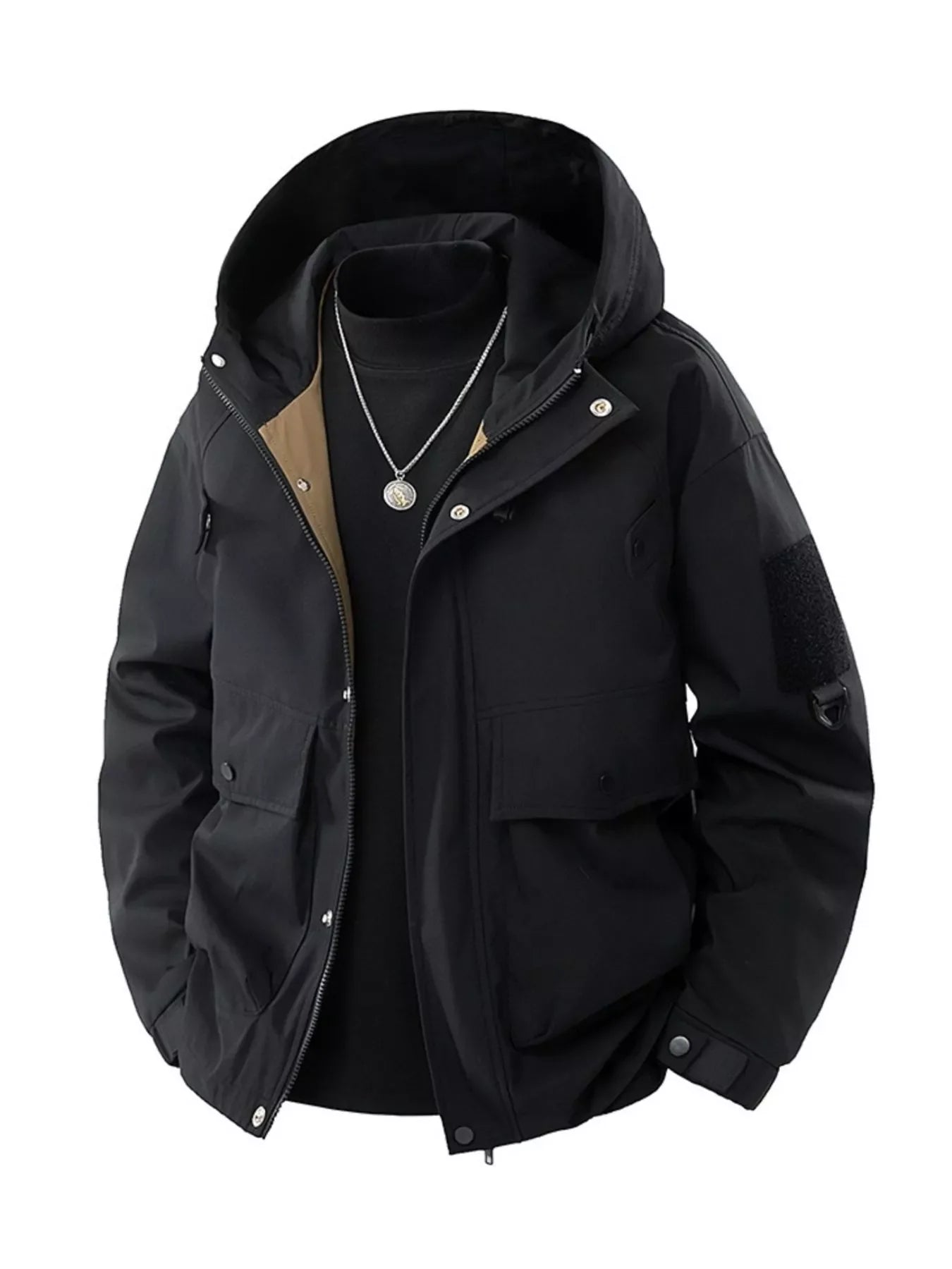 Men's Full Size Casual Hooded Cargo Jacket Plus Size Black / S