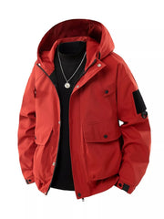 Men's Full Size Casual Hooded Cargo Jacket Plus Size Deep Red / S