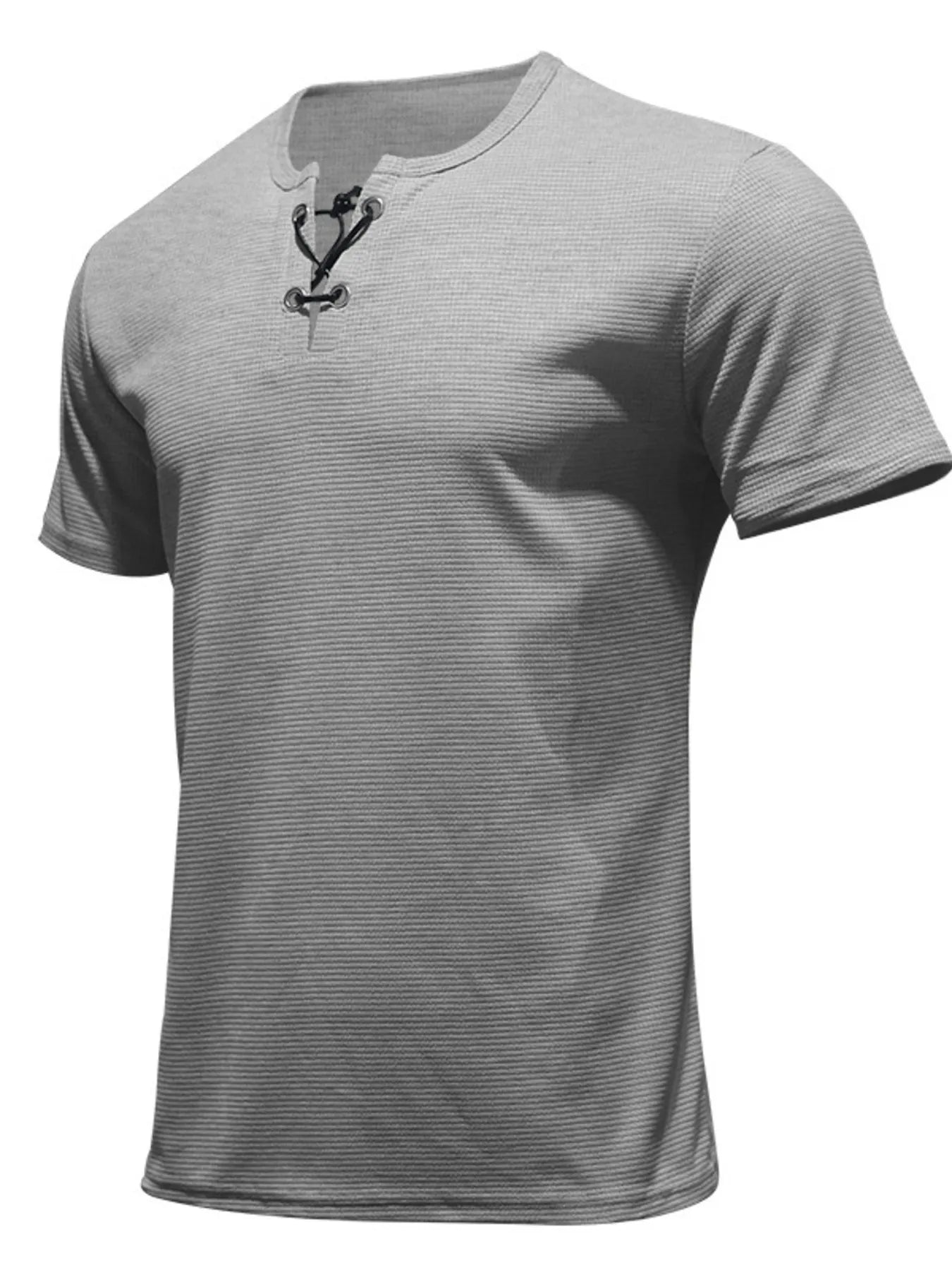 Men's Full Size Casual Lace-Up Henley T-Shirt Plus Size Light Gray / S