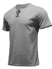 Men's Full Size Casual Lace-Up Henley T-Shirt Plus Size Light Gray / S