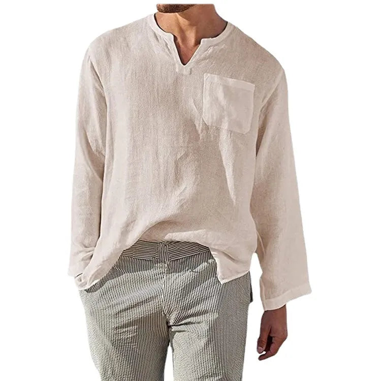 Men's Full Size Casual Notched Linen Long Sleeve Top Plus Size Apricot / S