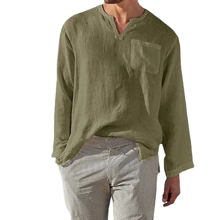 Men's Full Size Casual Notched Linen Long Sleeve Top Plus Size Green / S