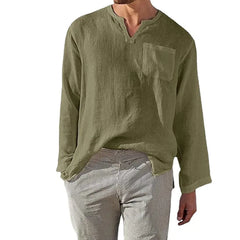 Men's Full Size Casual Notched Linen Long Sleeve Top Plus Size Green / S