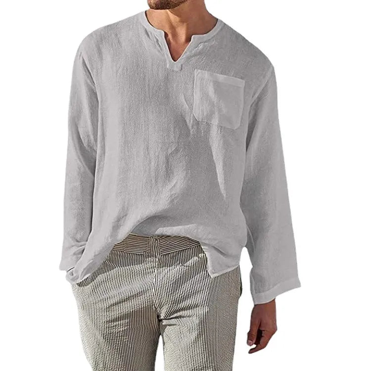 Men's Full Size Casual Notched Linen Long Sleeve Top Plus Size Grey / S