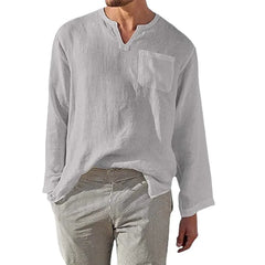 Men's Full Size Casual Notched Linen Long Sleeve Top Plus Size Grey / S
