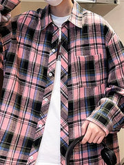 Men's Full Size Casual Plaid Long Sleeve Shirt Plus Size Pink / S