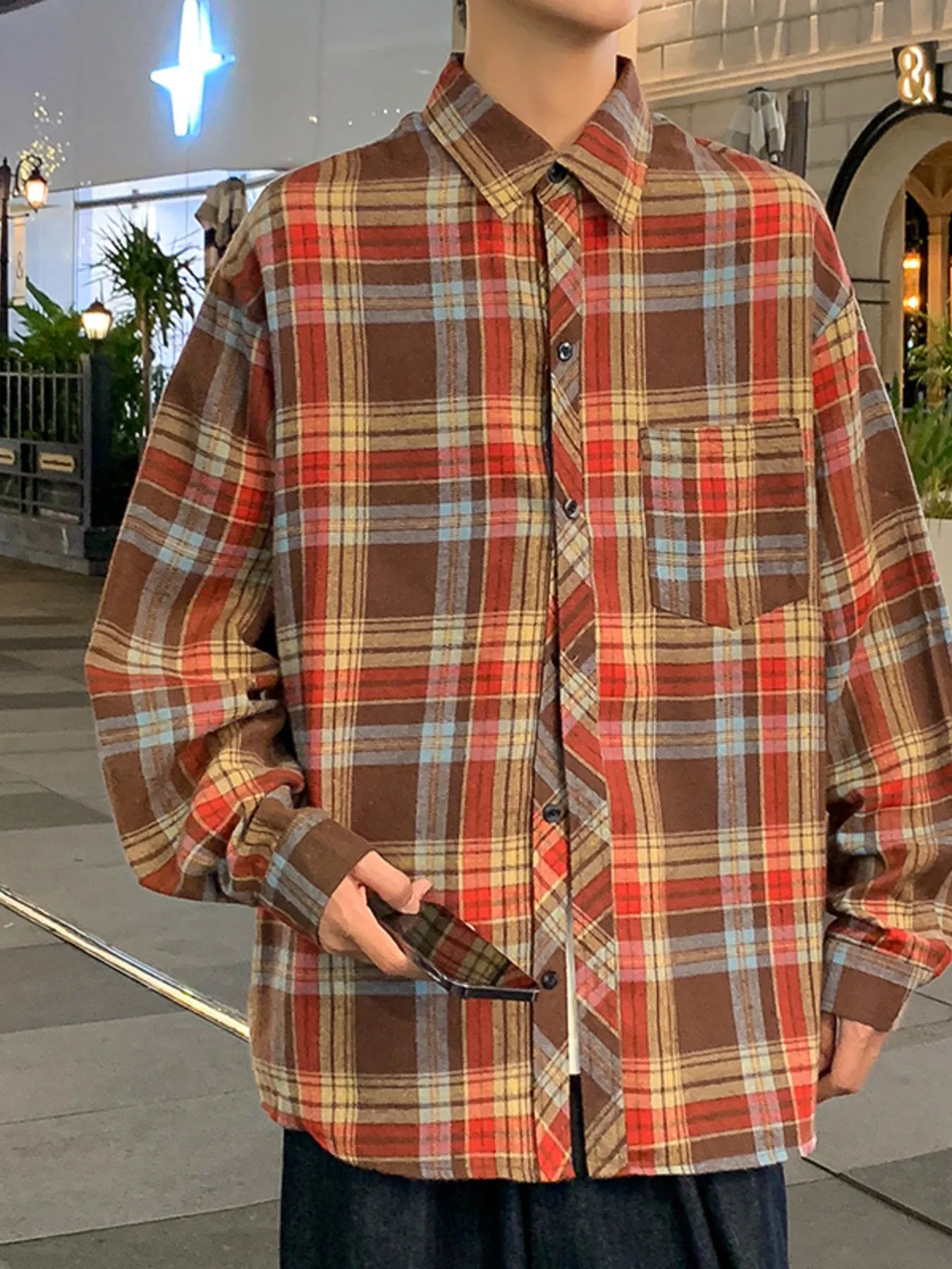 Men's Full Size Casual Plaid Long Sleeve Shirt Plus Size Red / S