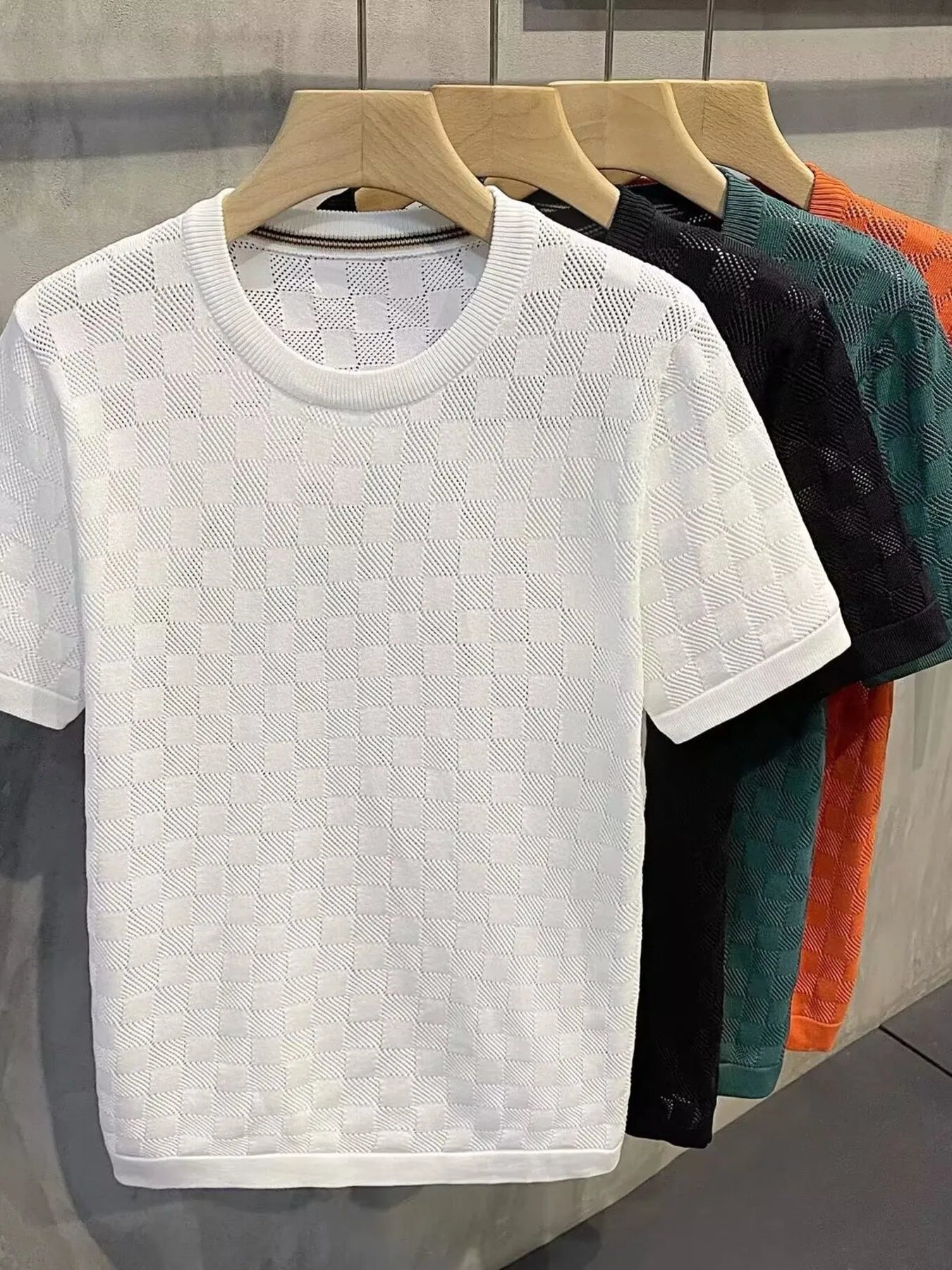 Men's Full Size Checkered Round Neck Short Sleeve T-Shirt Plus Size White / S