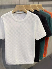 Men's Full Size Checkered Round Neck Short Sleeve T-Shirt Plus Size White / S