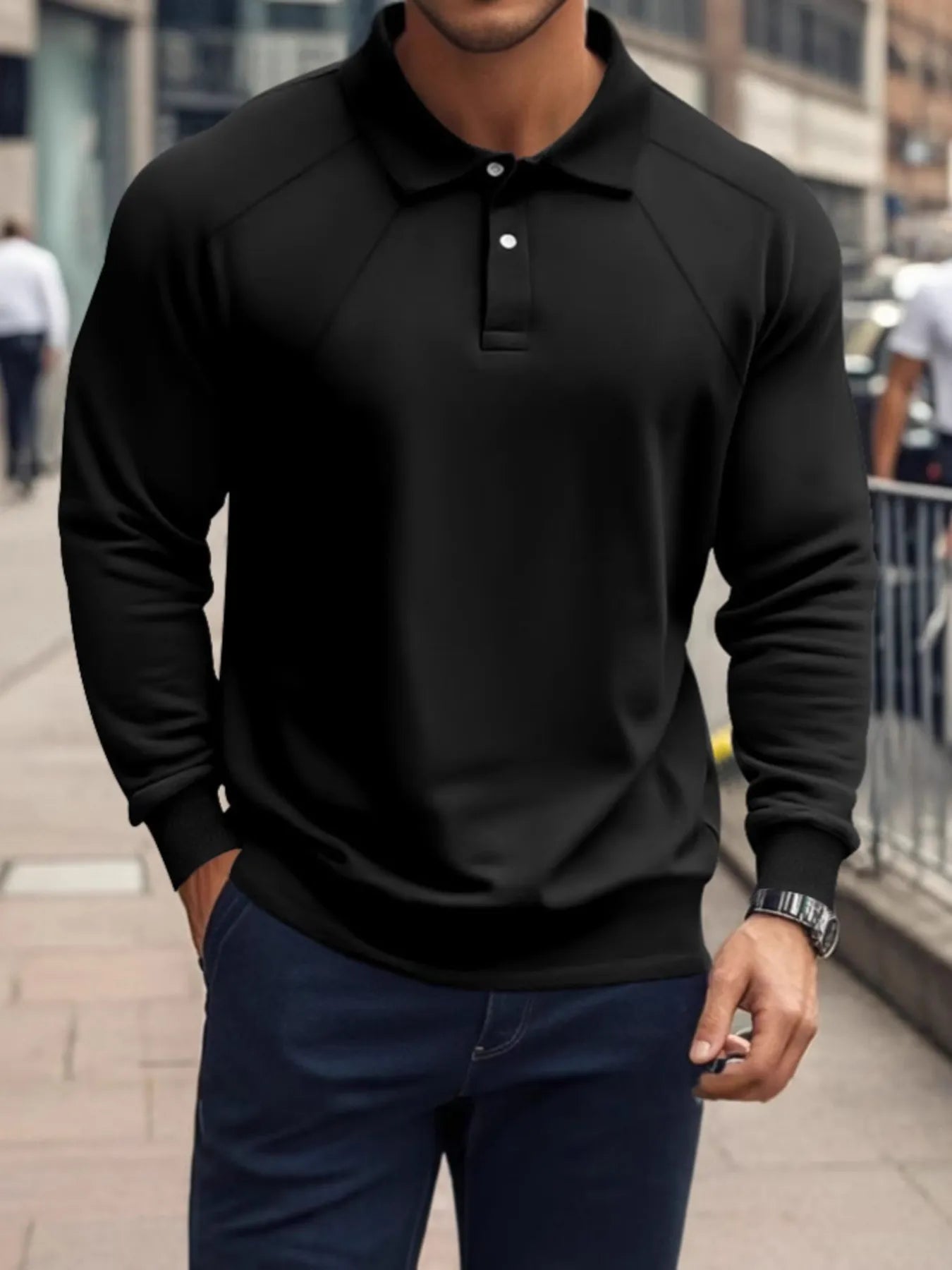 Men's Full Size Classic Collar Long Sleeve Polo Plus Size Black / S