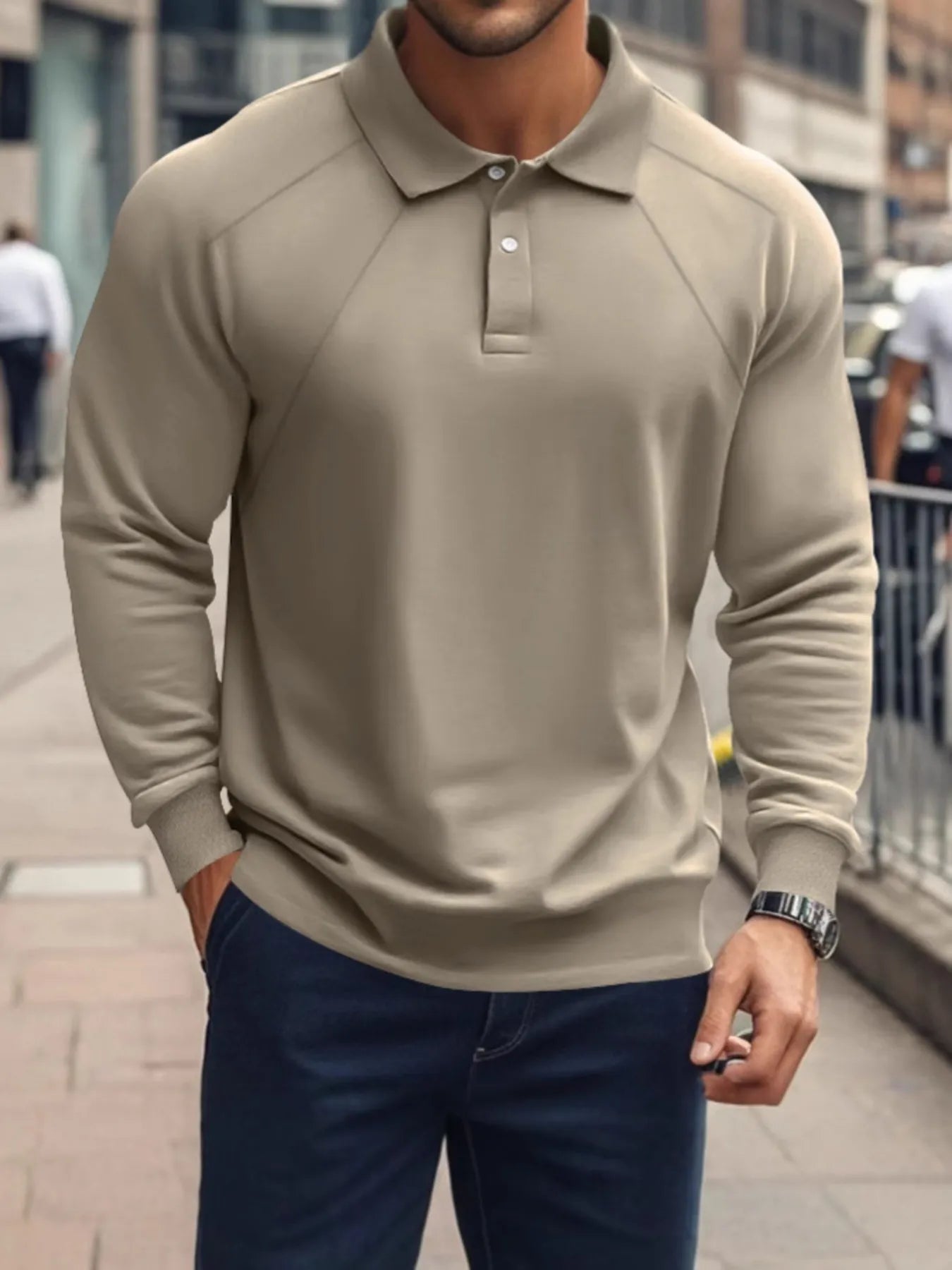 Men's Full Size Classic Collar Long Sleeve Polo Plus Size Dark Khaki Color / S