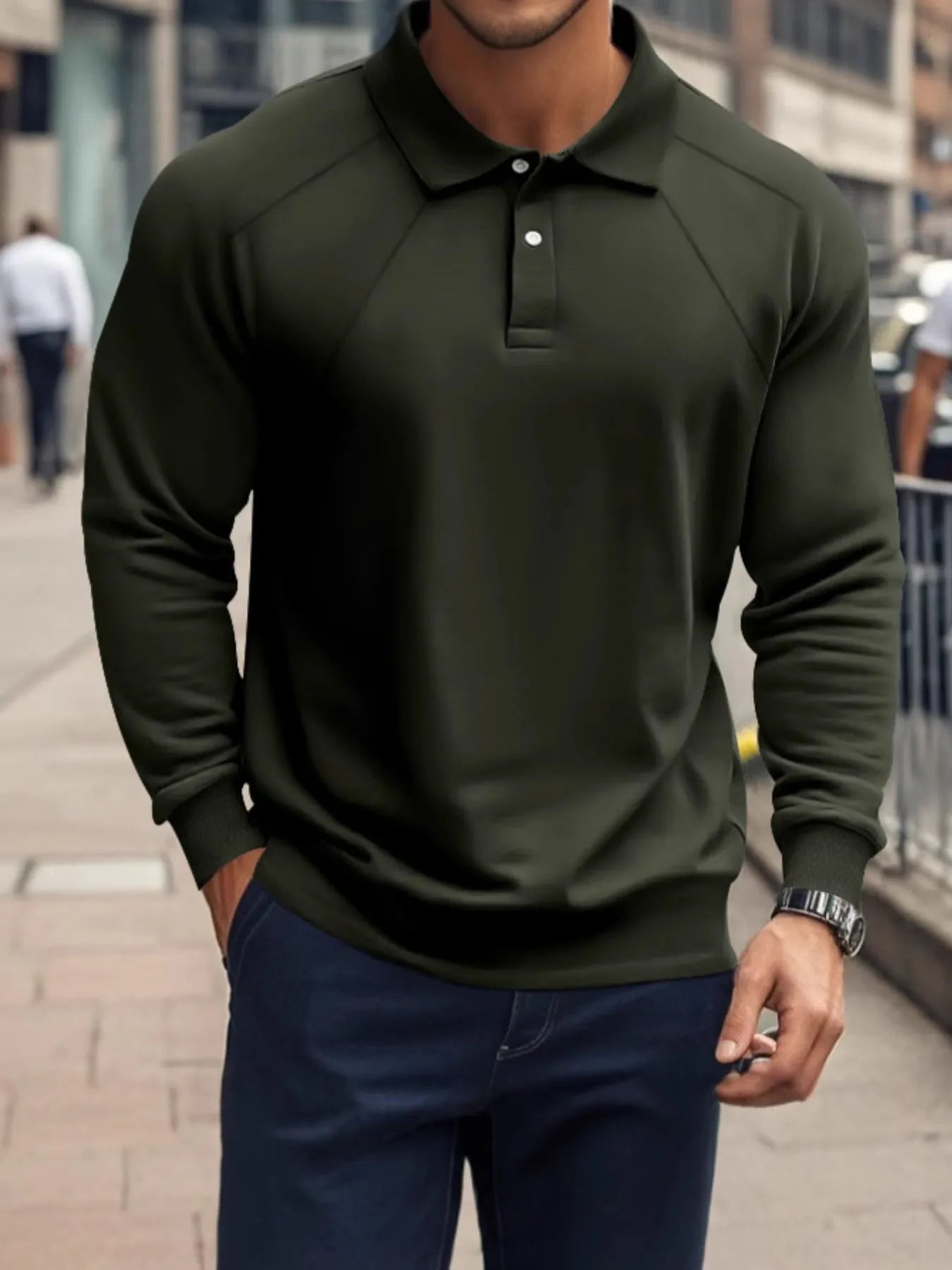 Men's Full Size Classic Collar Long Sleeve Polo Plus Size Military Green / S