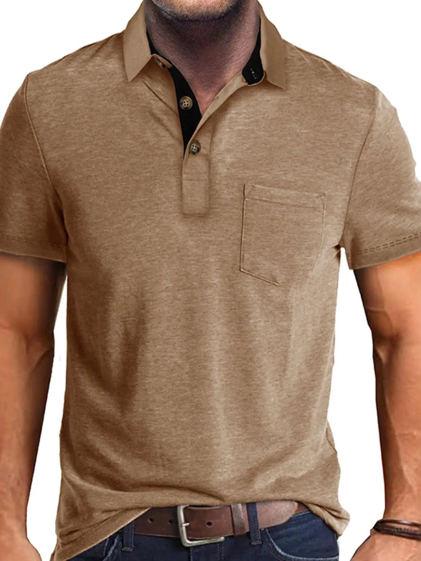 Men's Full Size Classic Heathered Pocket Polo Shirt Plus Size Khaki / S