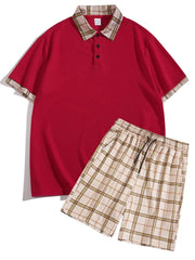 Men's Full Size Classic Plaid Collar Polo and Shorts Set Plus Size Red / S
