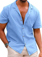 Men's Full Size Classic Short Sleeve Button Down Linen Shirt Plus Size Blue / S