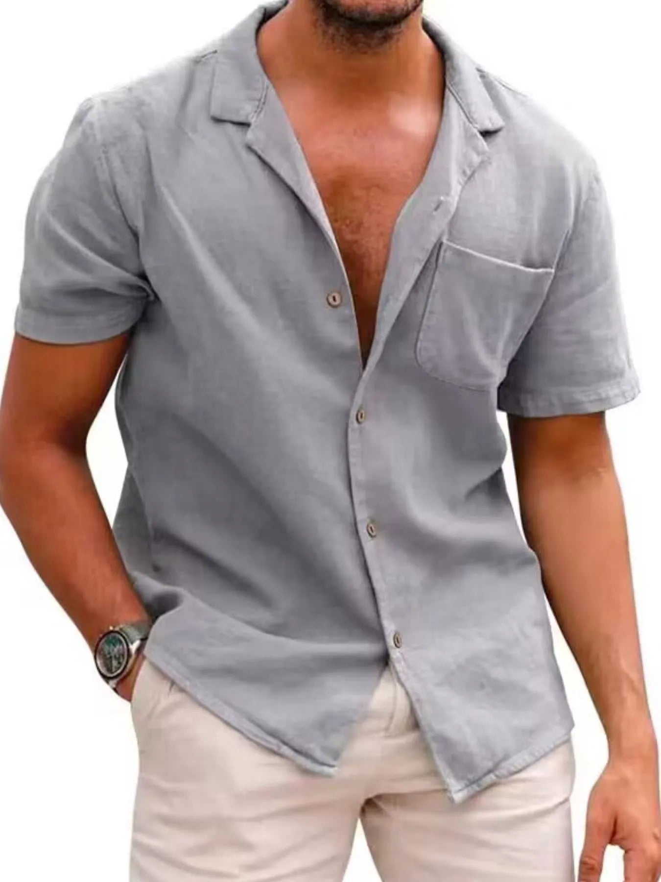 Men's Full Size Classic Short Sleeve Button Down Linen Shirt Plus Size Gray / S