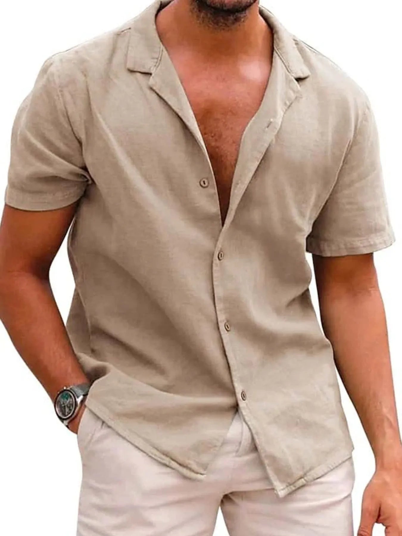 Men's Full Size Classic Short Sleeve Button Down Linen Shirt Plus Size Mocha / S