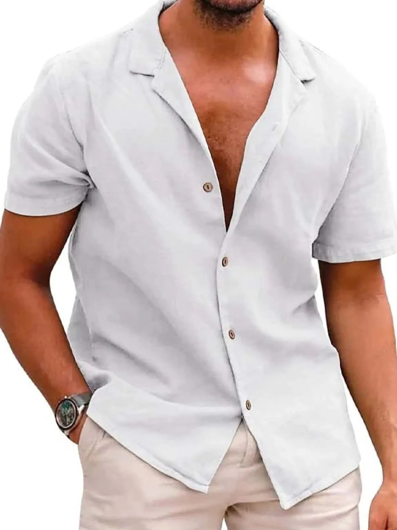 Men's Full Size Classic Short Sleeve Button Down Linen Shirt Plus Size White / S