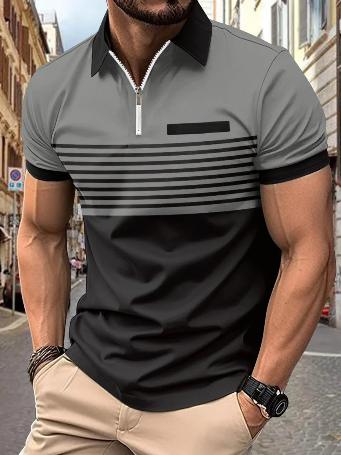 Men's Full Size Collared Neck Contrast Polo Plus Size Gray / M