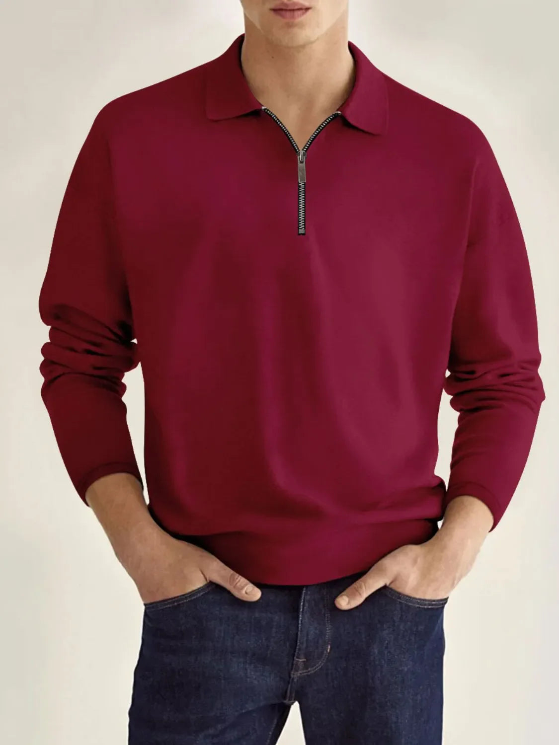 Men's Full Size Collared Neck Long Sleeve Polo Plus Size Burgundy / S