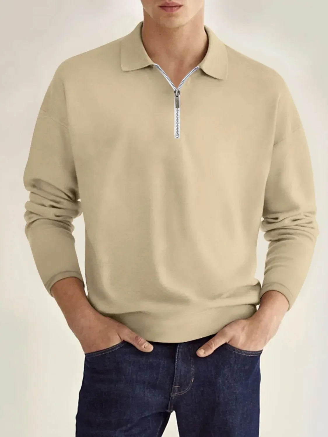 Men's Full Size Collared Neck Long Sleeve Polo Plus Size Khaki / S